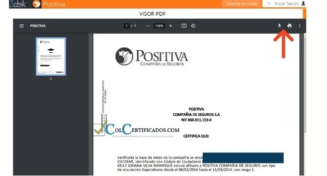 descargar o imprimir el certificado de positiva alr